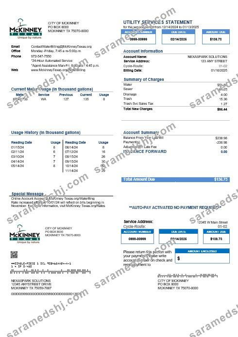 USA Texas McKinney business utility bill template in Word and PDF formats